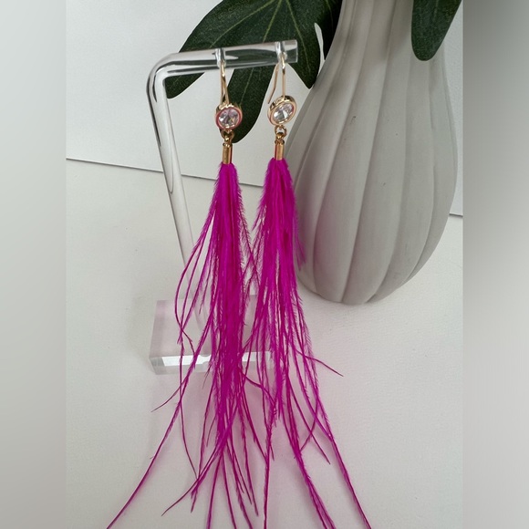 Long Dangle Pink Feather Hippie Chic Earrings - Fun Boho Chic Earrings - Picture 9 of 13